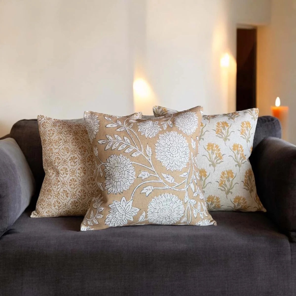 Ochre Trellis Print Cushion - Nellie, ochre cushion - Uneeka