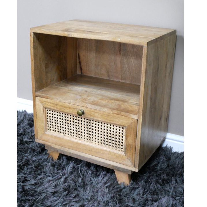 One Drawer & One Shelf Teak and Rattan Bedside Table angled view