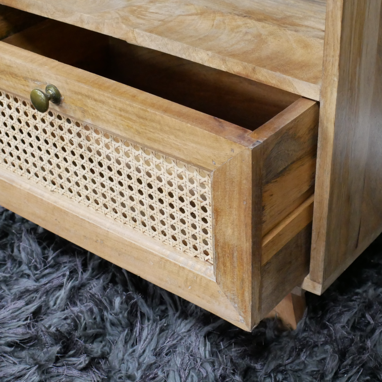 One Drawer & One Shelf Teak and Rattan Bedside Table close up open drawer