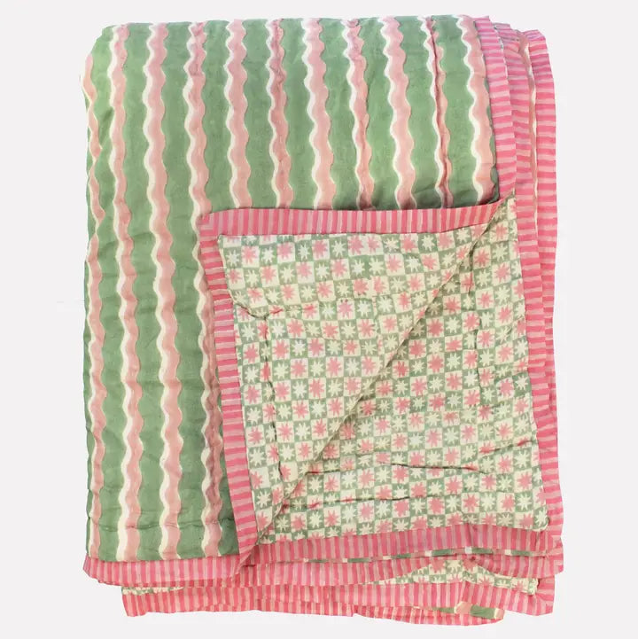 Organic Cotton Stripe Pattern Quilt - Pink & Green - Uneeka
