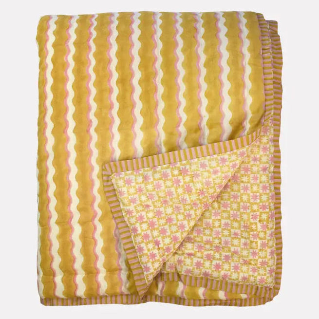 Organic Cotton Stripe Pattern Quilt - Pink & Yellow - Uneeka