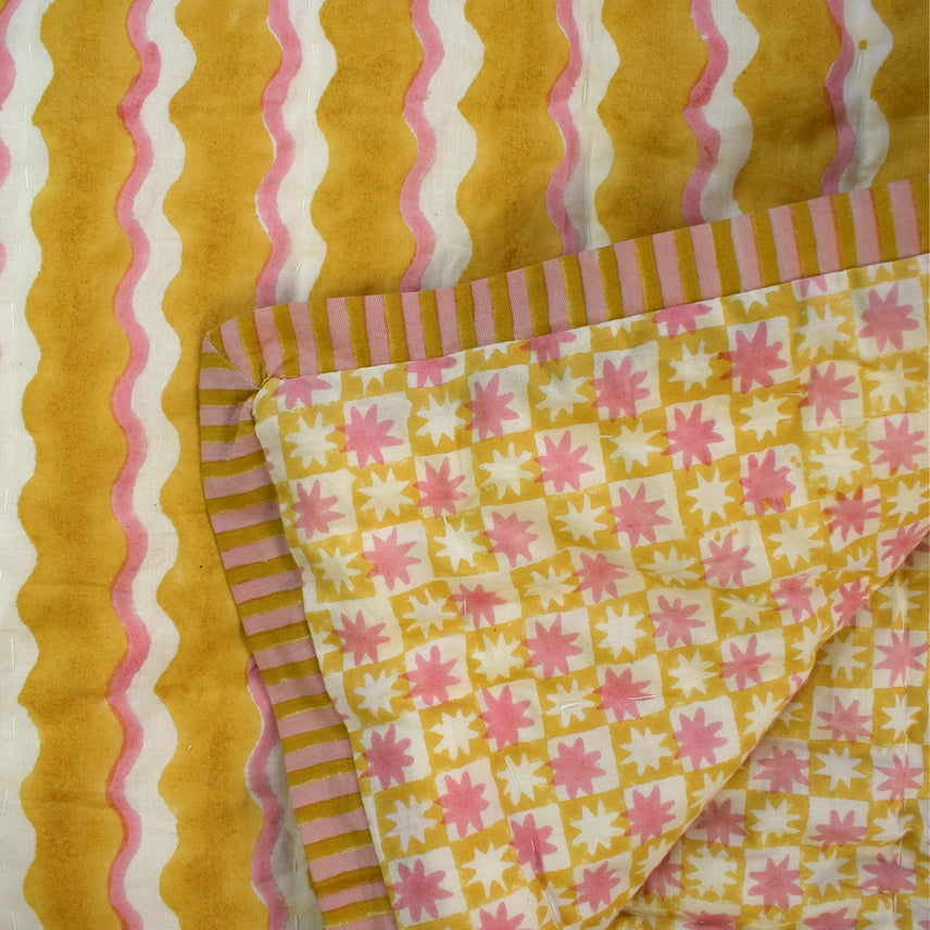 Organic Cotton Stripe Pattern Quilt - Pink & Yellow - Uneeka