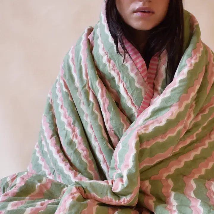 Organic Cotton Stripe Pattern Quilt - Pink & Green - Uneeka