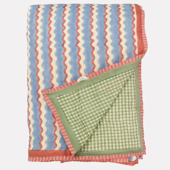  Organic Cotton Wibble Stripe Pattern Quilt -  with Green Gingham - Uneeka