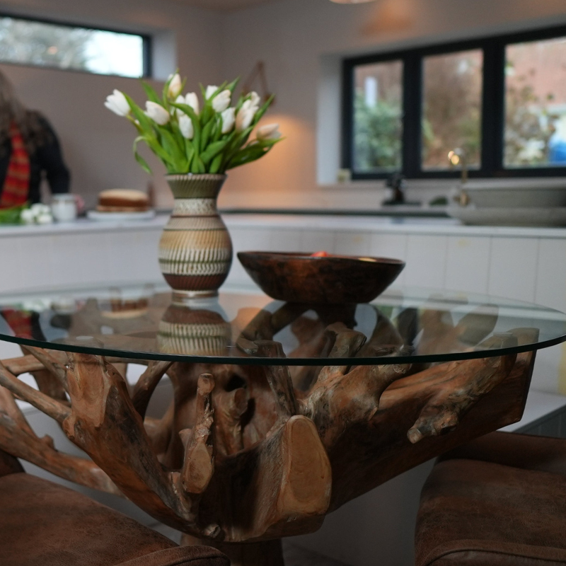 Organic Teak Root Glass Top Dining Table - Uneeka Home 