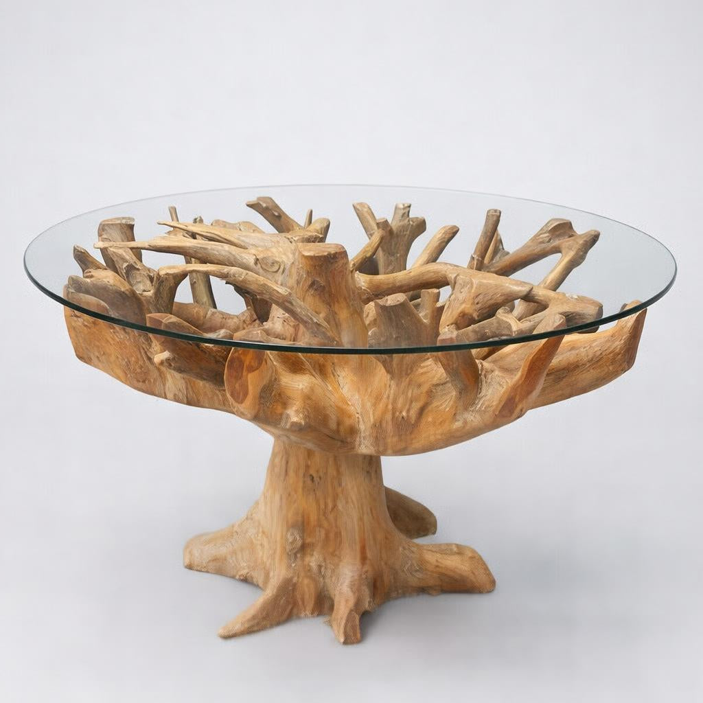 Organic Teak Root Glass Top Dining Table - IS036 - Uneeka