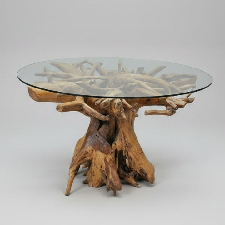 Organic Teak Root Glass Top Dining Table - IS039 - Uneeka