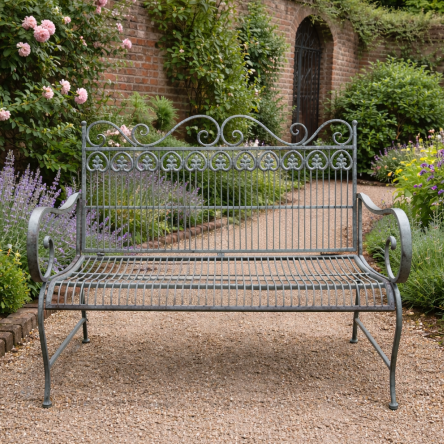 Ornate Rustic Grey Curved Arm Outdoor Bench - 11321 - Uneeka