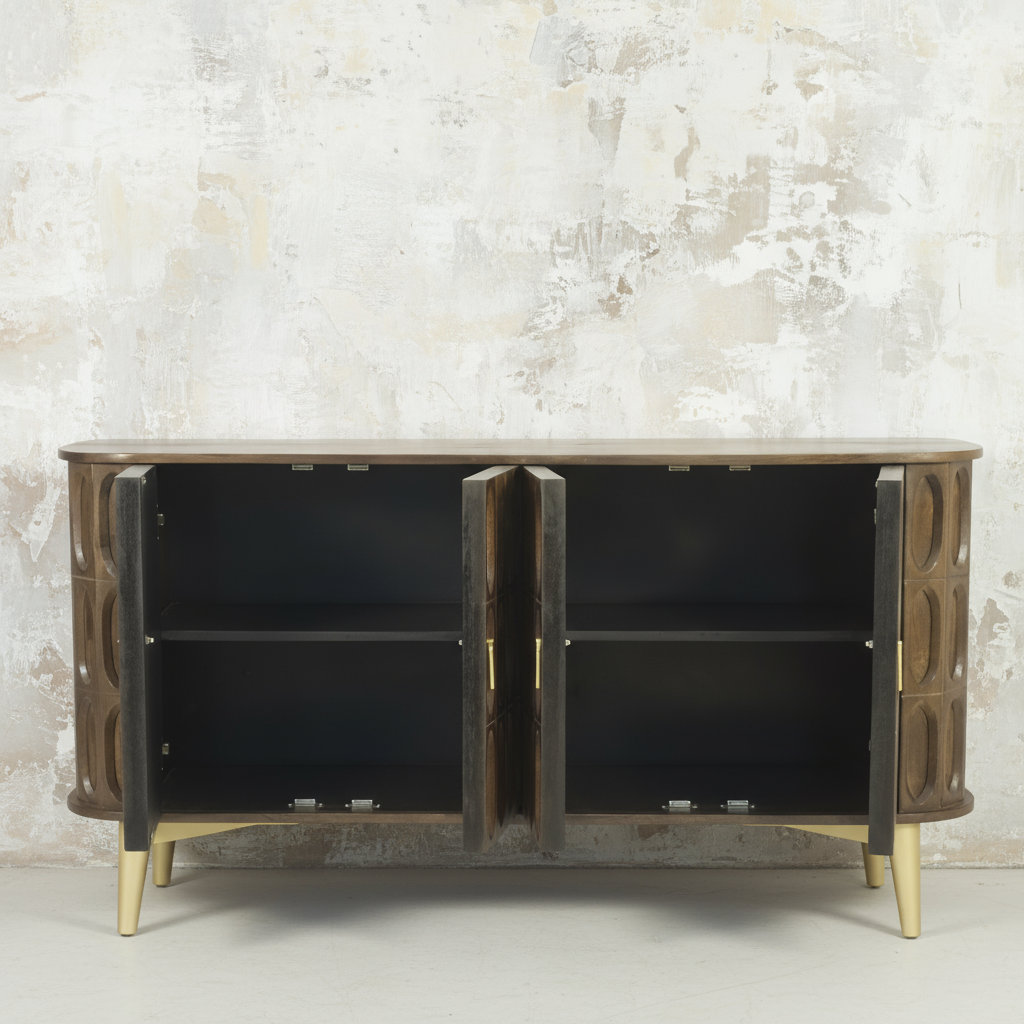 Oval Carvings Rounded Edge Sideboard with Brass Details -  2731J  - Uneeka - open doors 