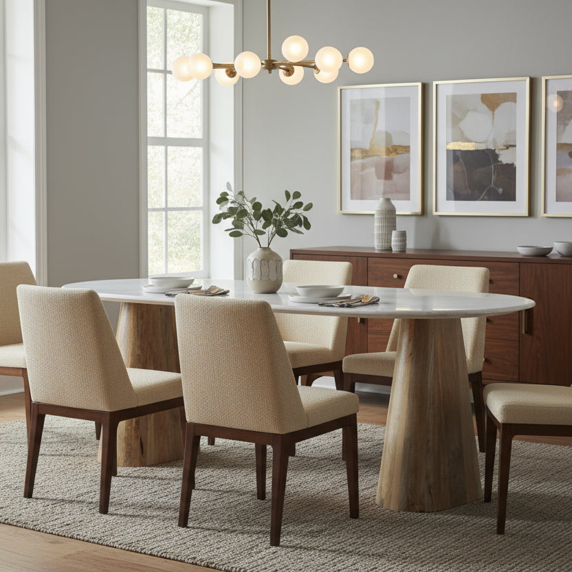 Oval Marble Top Dining Table with Rounded Base - Uneeka