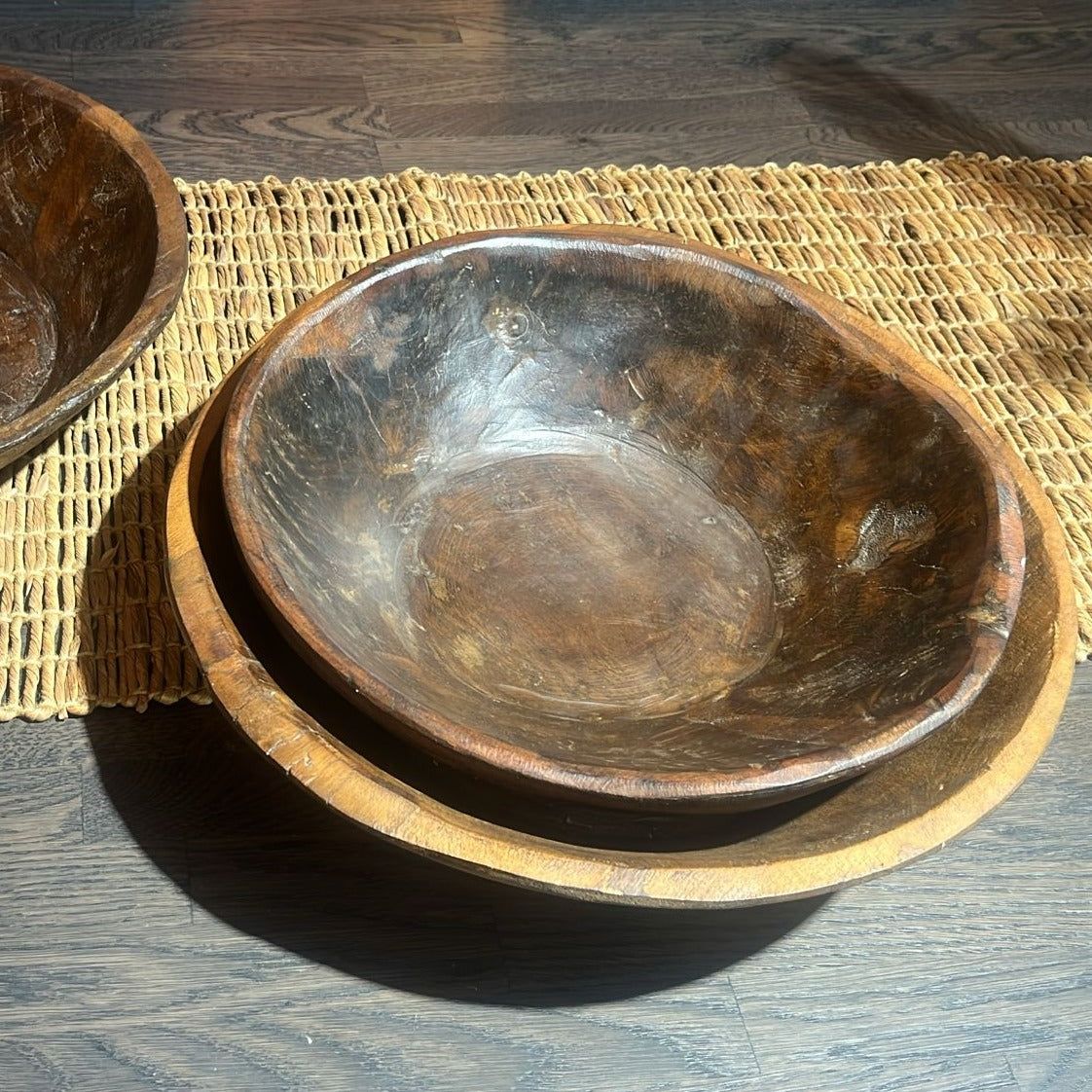 Antique Round Wooden Decorative Bowl stacked inside each other