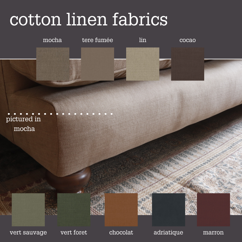A fabric swatch chart for cotton linen fabrics showing labeled color samples: mocha, tere fumée, lin, cacao, vert sauvage, vert foret, chocolat, adriatique, and marron. The top half includes a sofa upholstered in the mocha fabric, and the bottom half shows the matching fabric swatches.