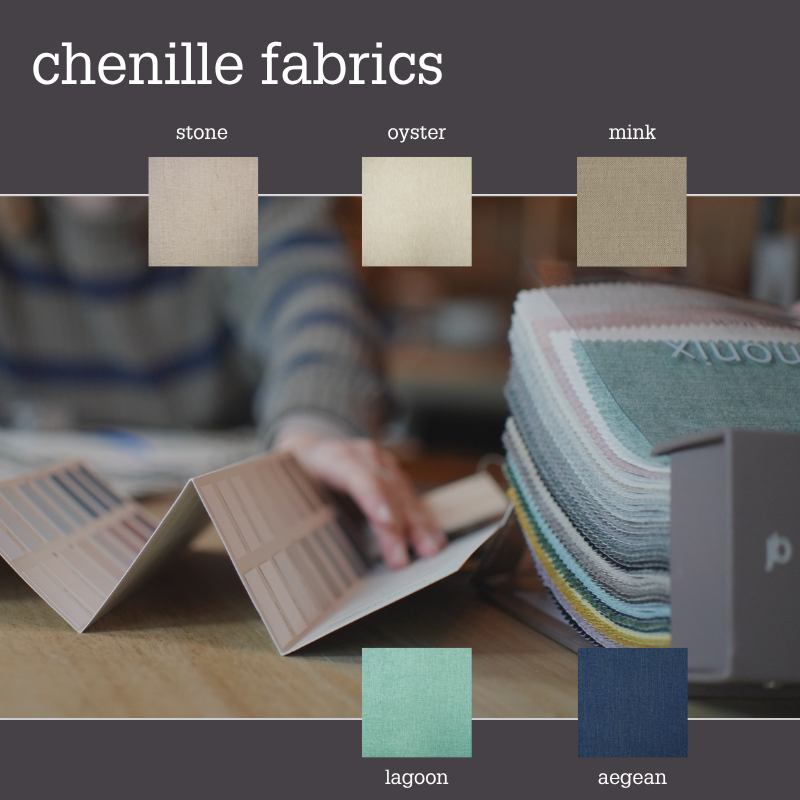 A fabric swatch display showing several labeled color options: stone, oyster, mink, lagoon, and aegean. The top of the image has the heading 'chenille fabrics,' and the scene includes fabric sample books and a stack of fabric swatches on a table.