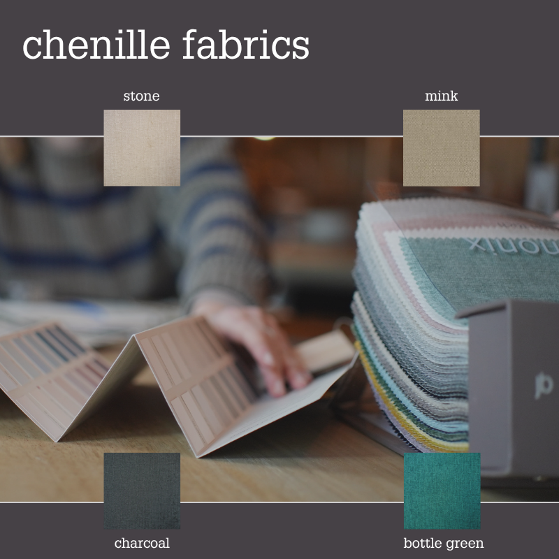 P_B_FABRIC_SWATCHES Chenille Uneeka Fabric Swatches - Stone, mink, charcoal, bottle green