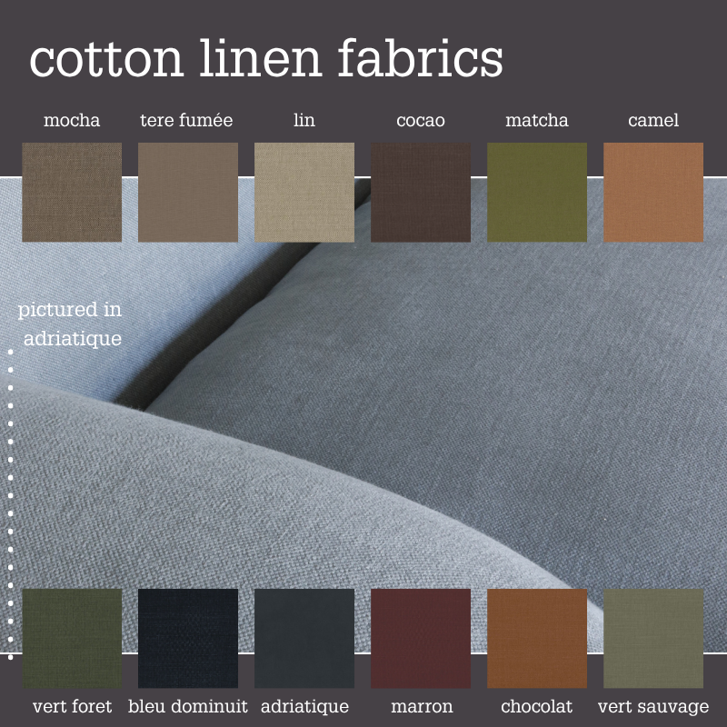P_B_FABRIC_SWATCHES Cotton Linen Fabric Options at Uneeka - includes, mocha, tere fumee, lin, cocao, matcha, camel, vert foret, bleu dominuit, adriatique, marron, chocolat, vert sauvage. 