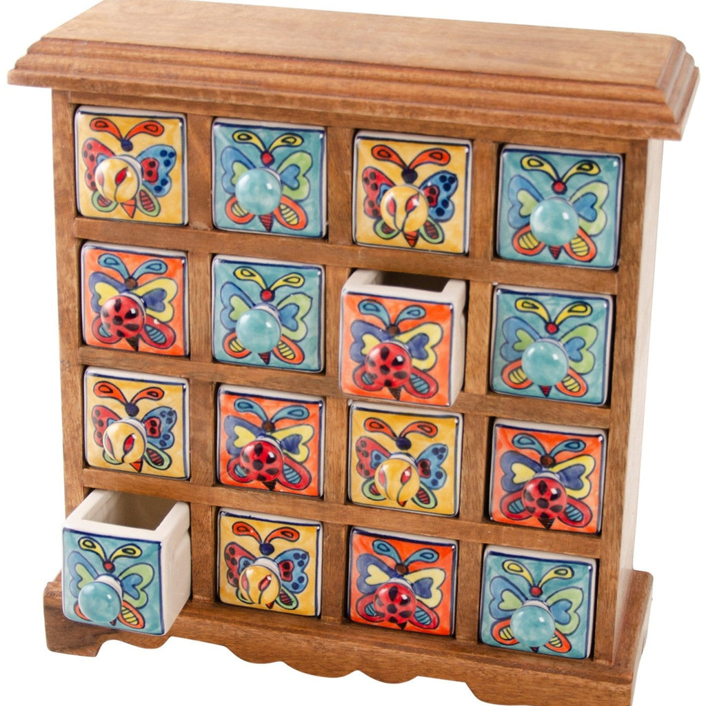 Painted Butterfly Ceramic 16 Drawer Wooden Spice Chest open drawer