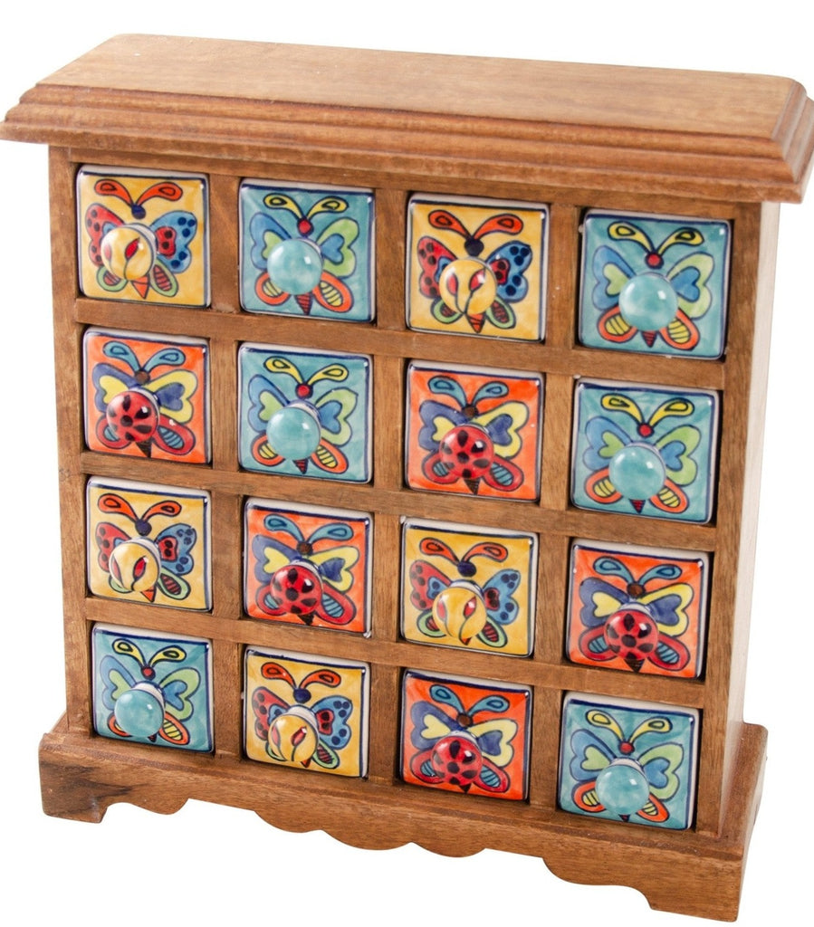 Painted Butterfly Ceramic 16 Drawer Wooden Spice Chest 