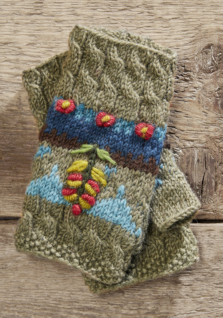Pair Of Hand Knit Embroidered Leaf Hand Warmers Olive Green