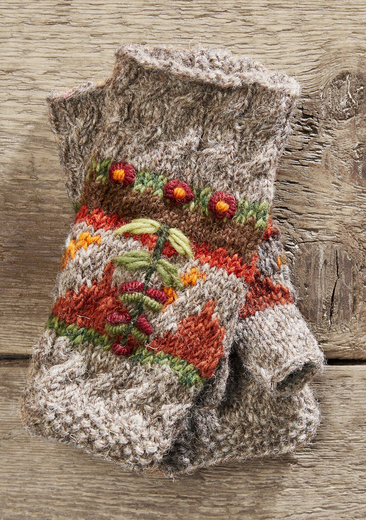 Pair Of Hand Knit Embroidered Leaf Hand Warmers Natural
