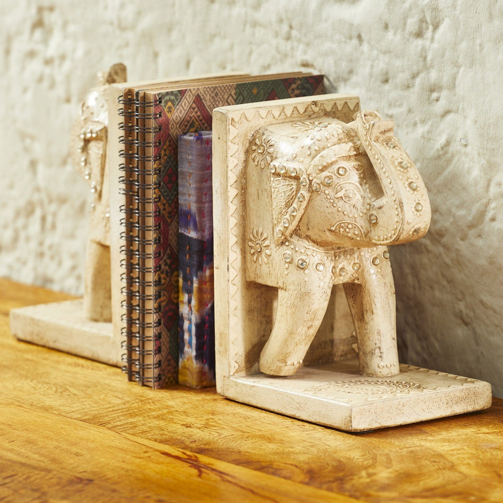 Pair Of Wooden White Finish Elephant Bookends sold as a pair