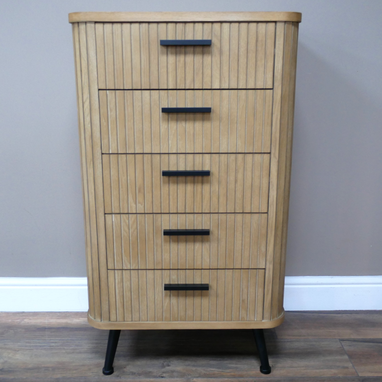 Panelled Fir Wood Tall Chest of Drawers front on view fir wood & mdf