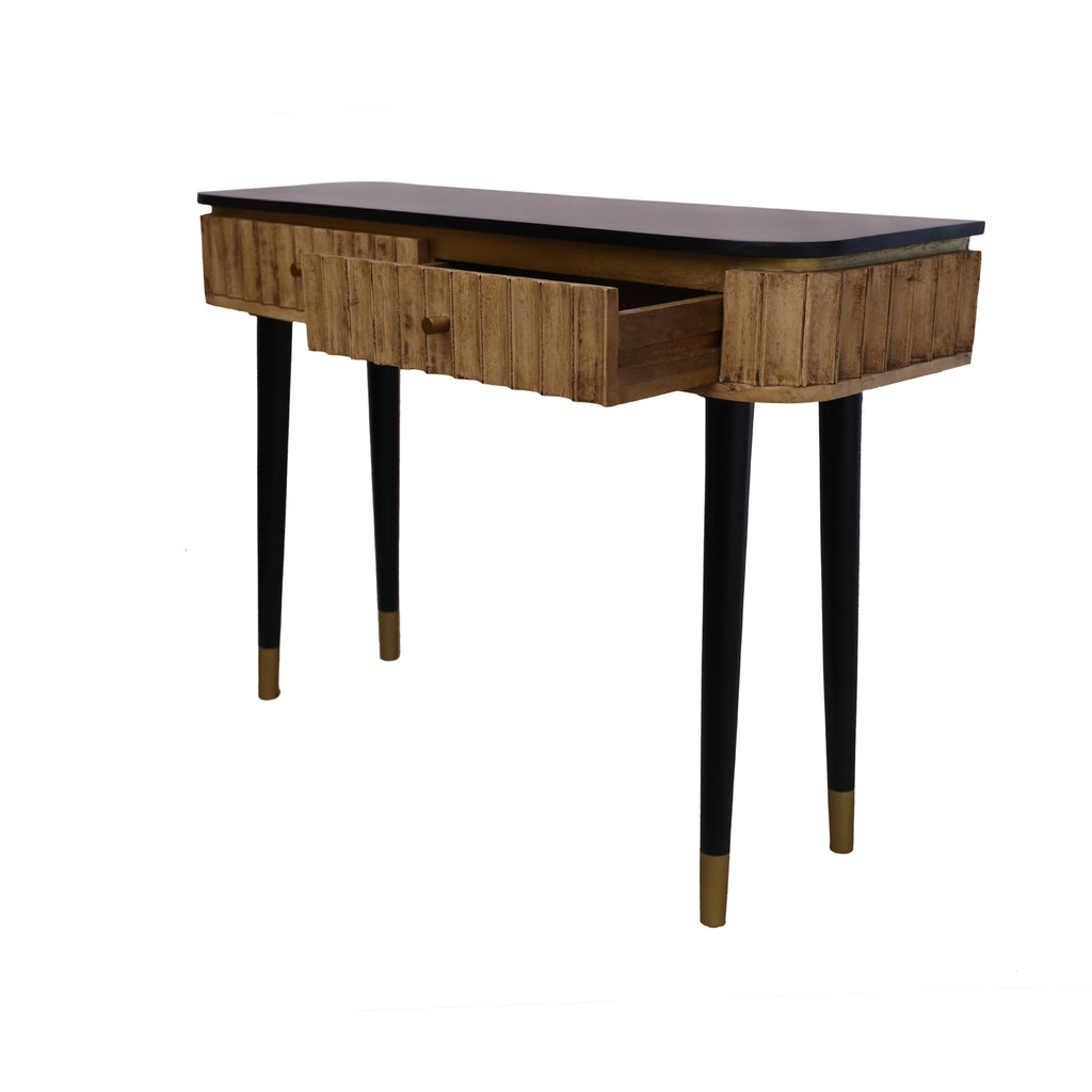 Panelled Mango Wood & Metal Console Table side view mango wood and metal desk