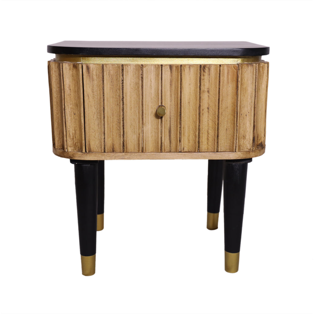 Panelled Wood Curved One Drawer Bedside Table front view, black legs with brass detailing