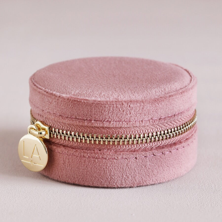Pastel Tone Velvet Round Jewellery Case outside gold chunky zip pink
