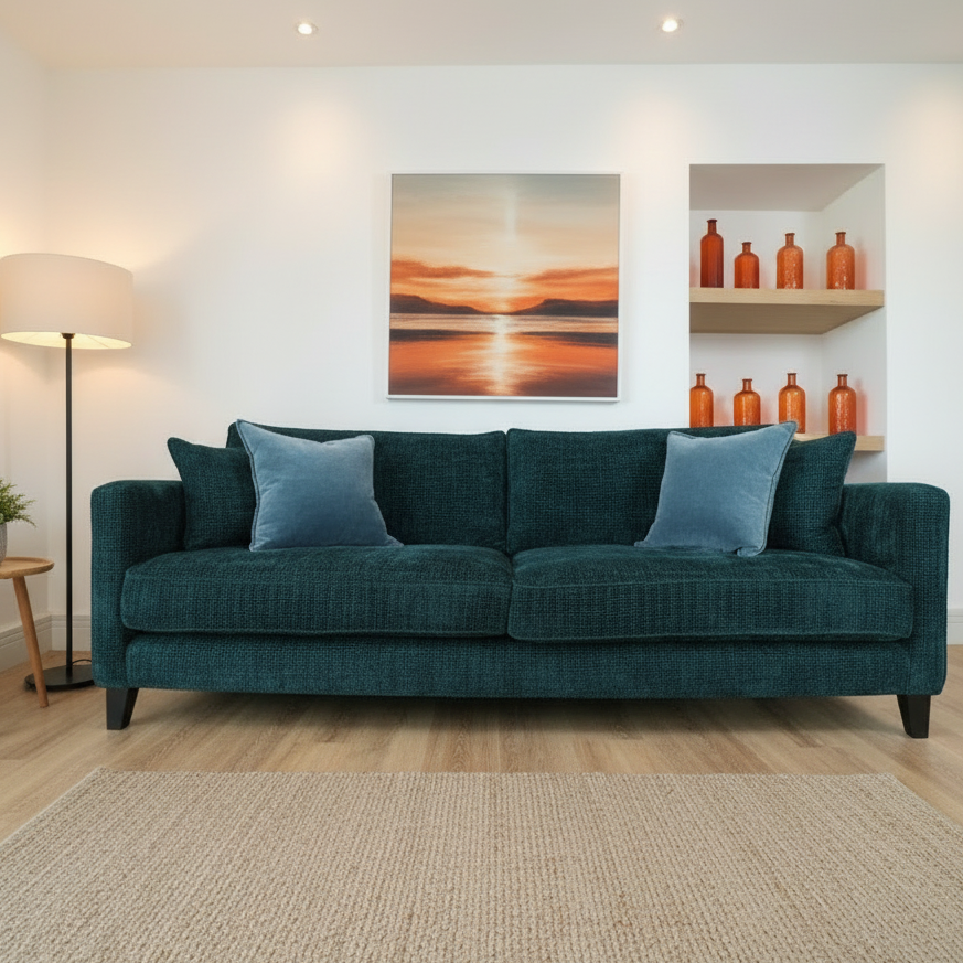 Paulus & Brown Chelsea 3 Seater Grand Upholstered Sofa - Uneeka Blue Waffle