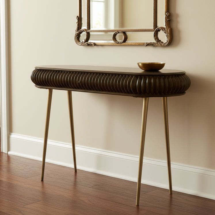 Pebbled Mango Wood Console Table with Brass Legs - 2858T - Uneeka