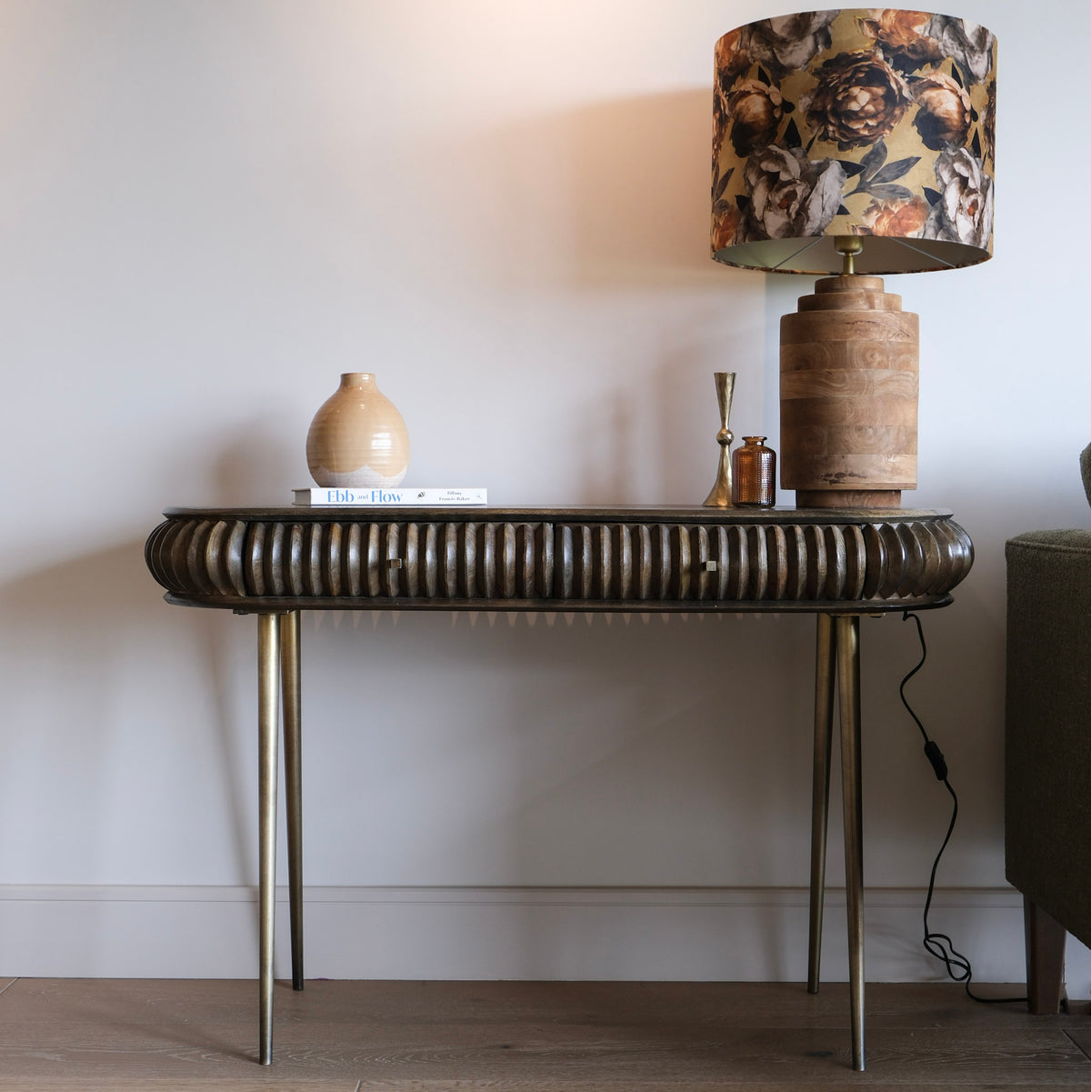 Pebbled Mango Wood Console Table with Brass Legs - 2858T - Uneeka