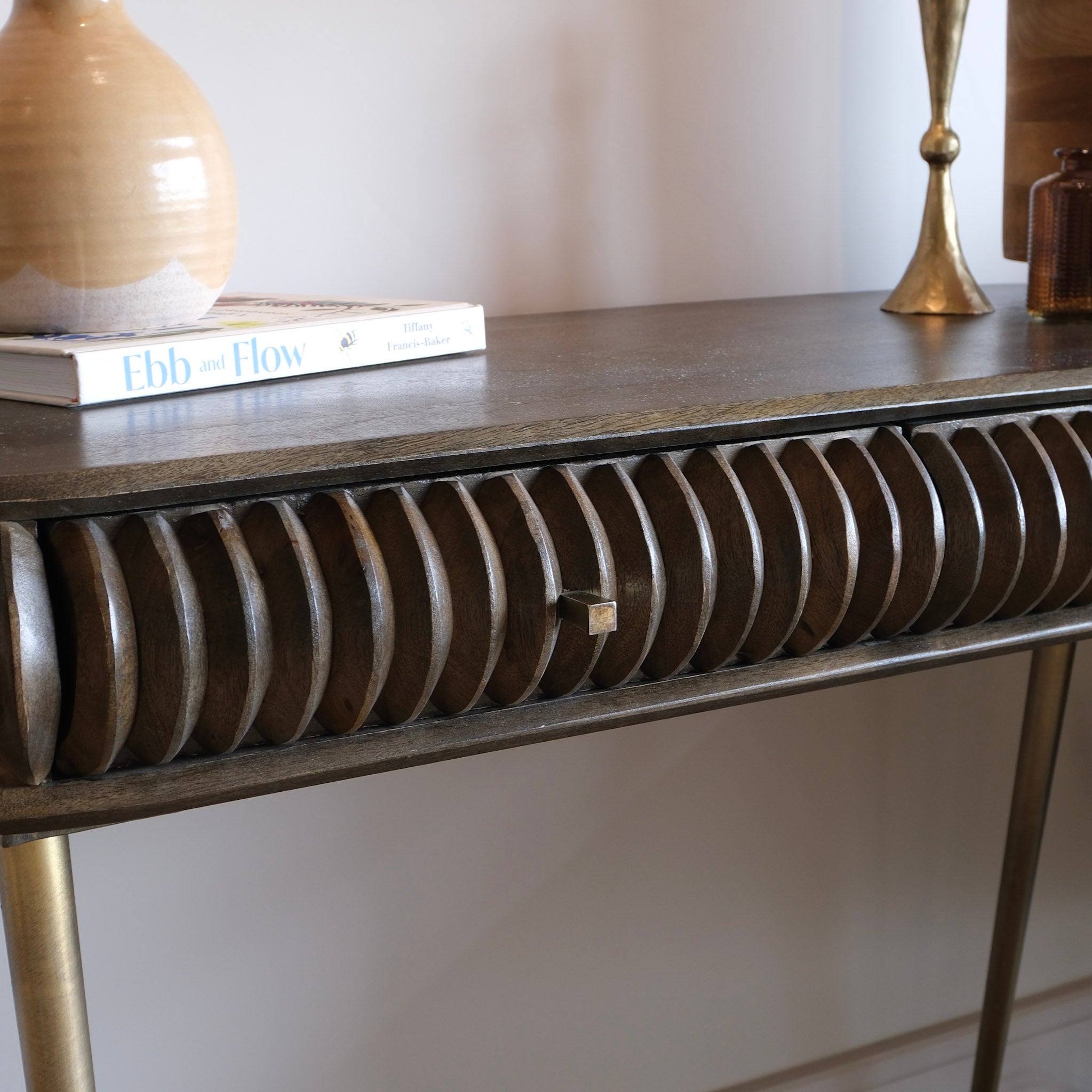 Pebbled Mango Wood Console Table with Brass Legs - 2858T - Uneeka