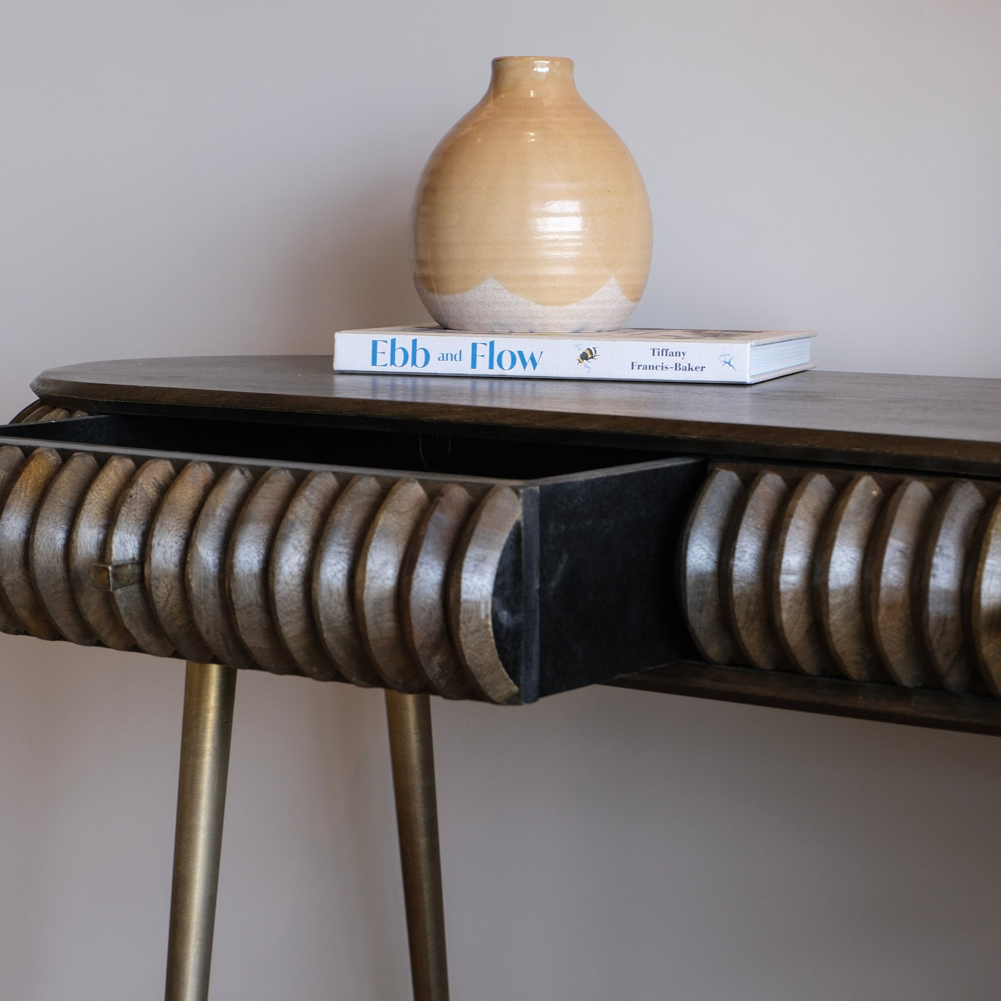 Pebbled Mango Wood Console Table with Brass Legs - 2858T - Uneeka