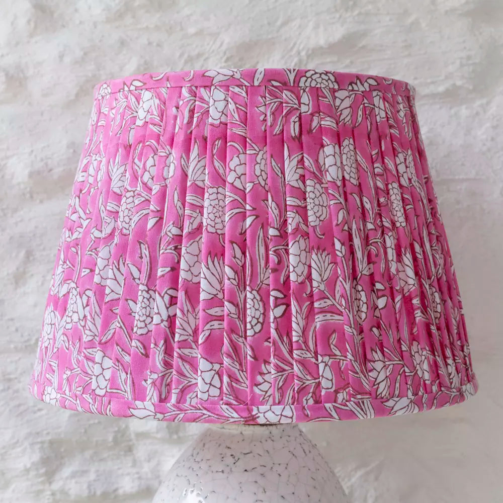 Pink Floral Pure Cotton Pleated Lampshade on white lamp base