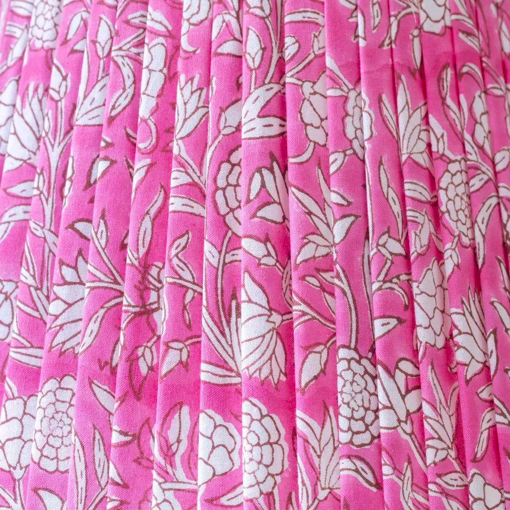 Pink Floral Pure Cotton Pleated Lampshade close up blockprint pink design