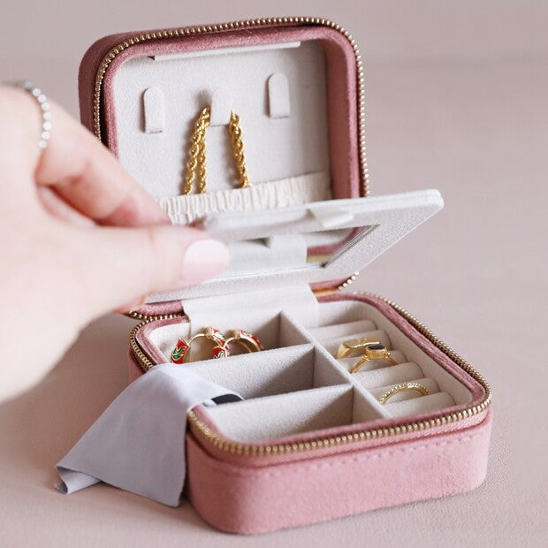 Pink Pastel Tone Velvet Square Jewellery Case inside showing secret necklace hooks