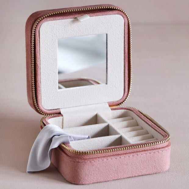 Pink Pastel Tone Velvet Square Jewellery Case mirror, three compartments and ring rolls