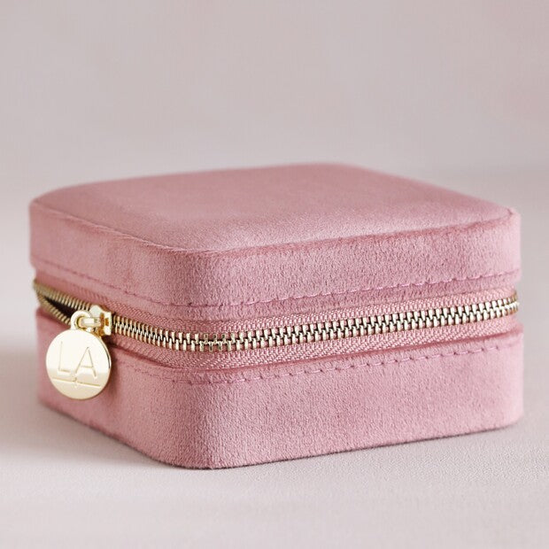 Pink Pastel Tone Velvet Sqaure Jewellery Case closed with chunky gold zip