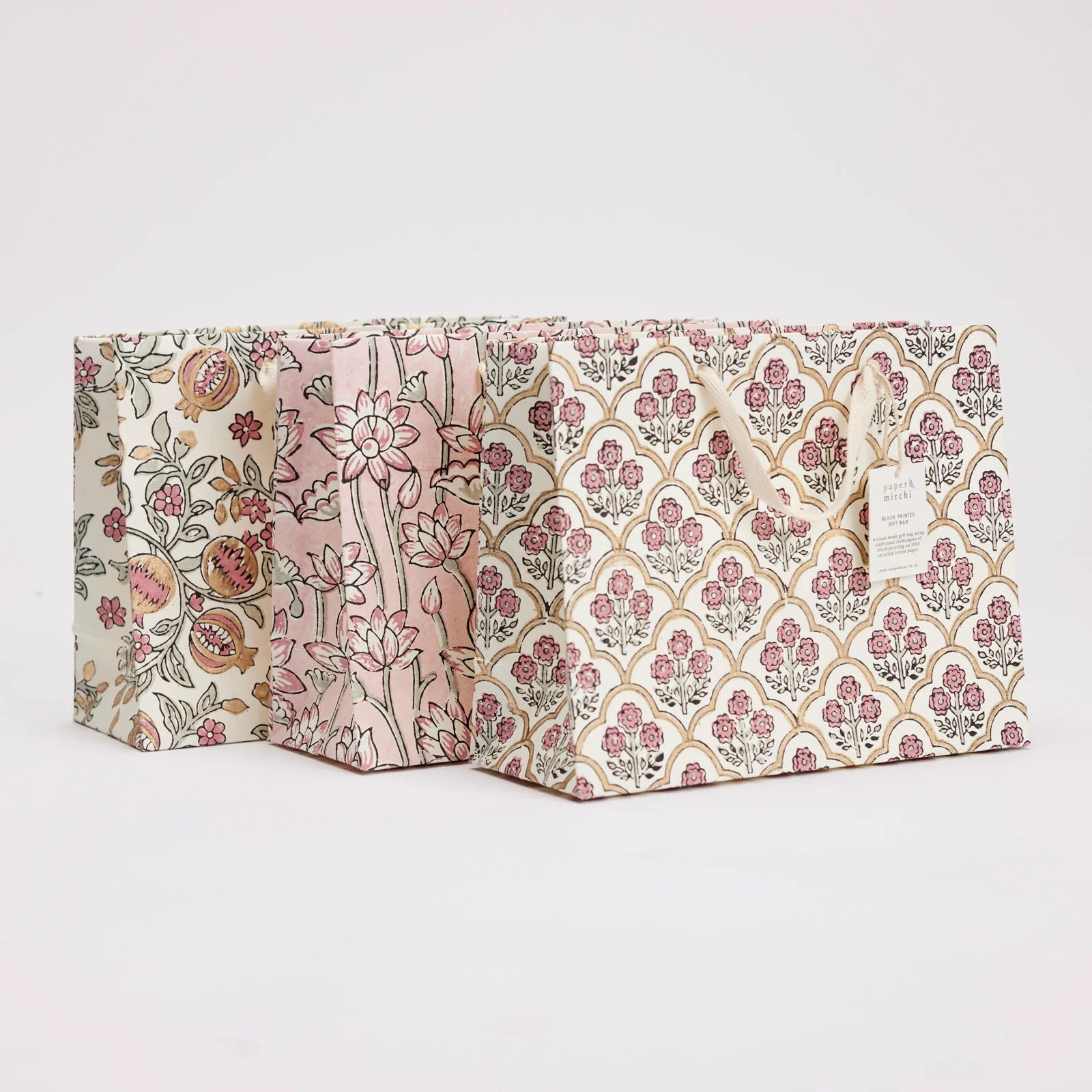 Pink Block Print Medium Gift Bag - all three styles together - Uneeka