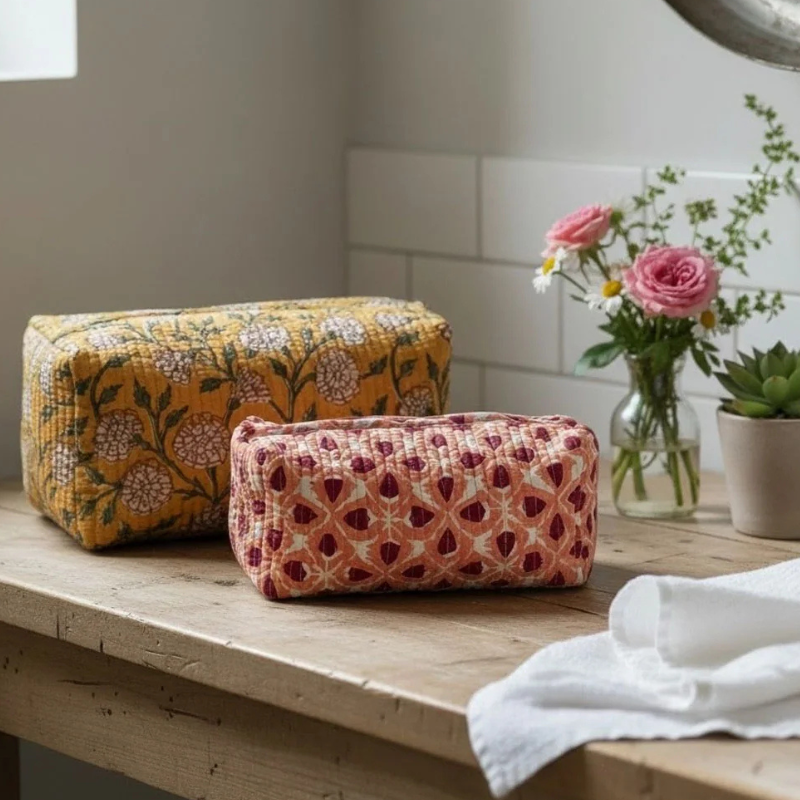 Pink Block Print Wash Bag - Uneeka