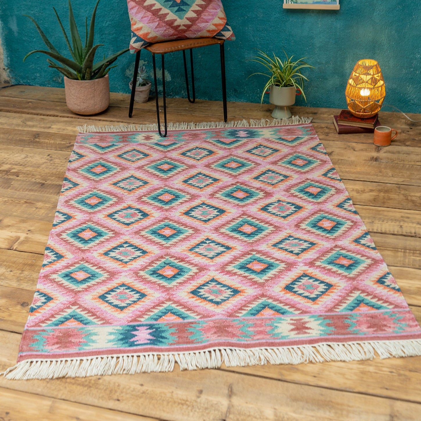 Pink & Blue Diamond Geometric Handloom Kilim Rug - R2624 - Uneeka