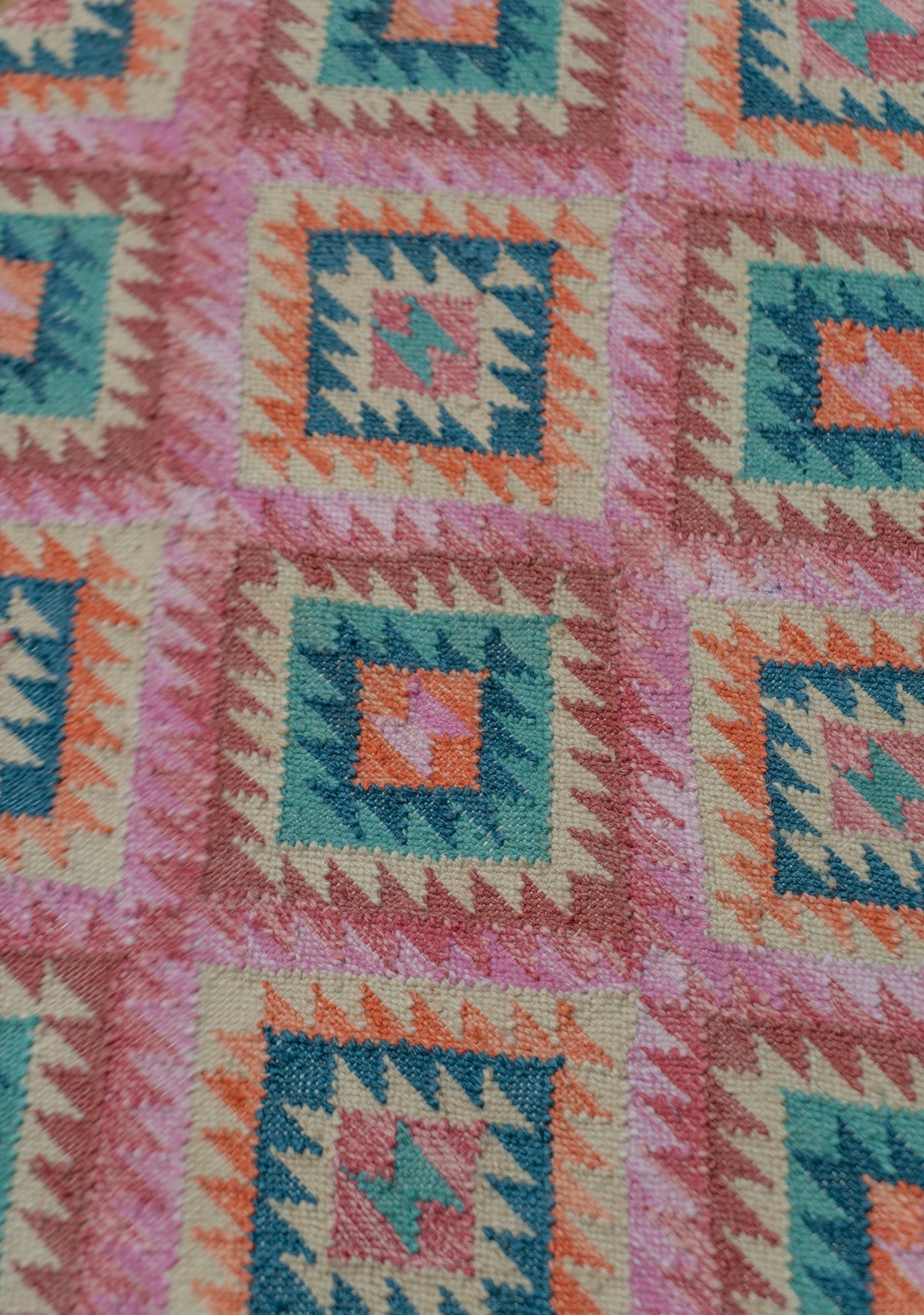 Pink & Blue Diamond Geometric Handloom Kilim Rug - H135 x W75 cm.