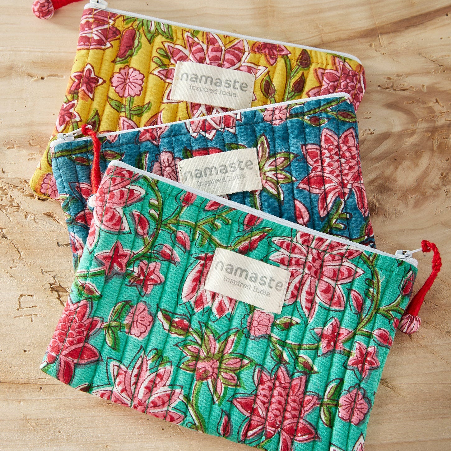 Pink Floral Design Block Print Kantha Stitch Pouch - P16 - Uneeka