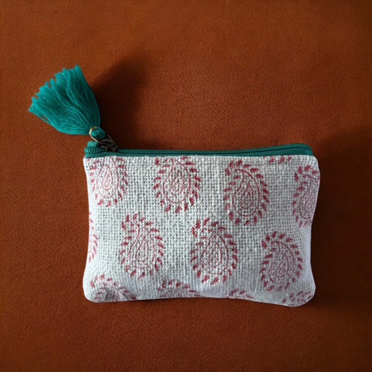 Pink & White Paisley Cotton Pouch With Tassel - Green tassel paisley cotton pouch - Uneeka
