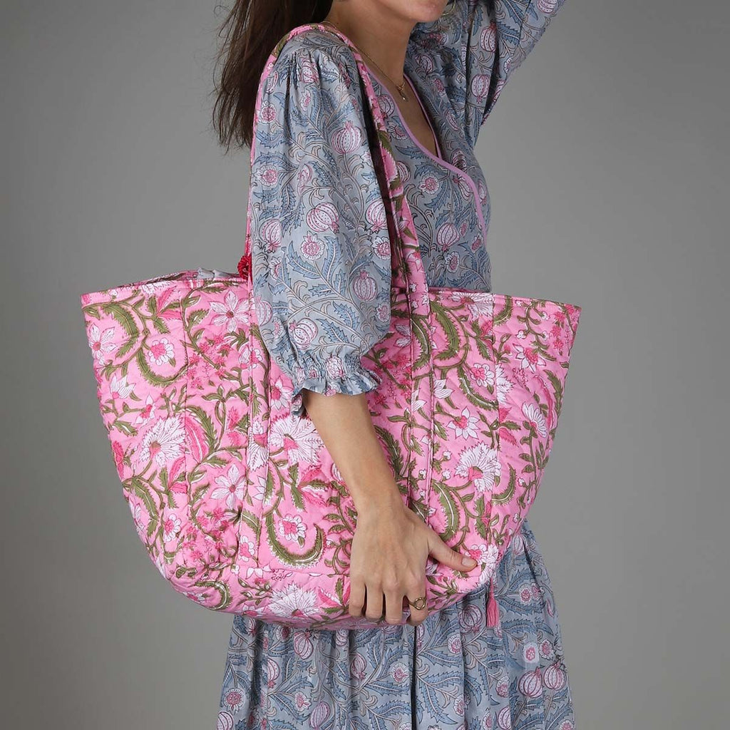 Quilted Cotton Floral Shoulder Bag Pink