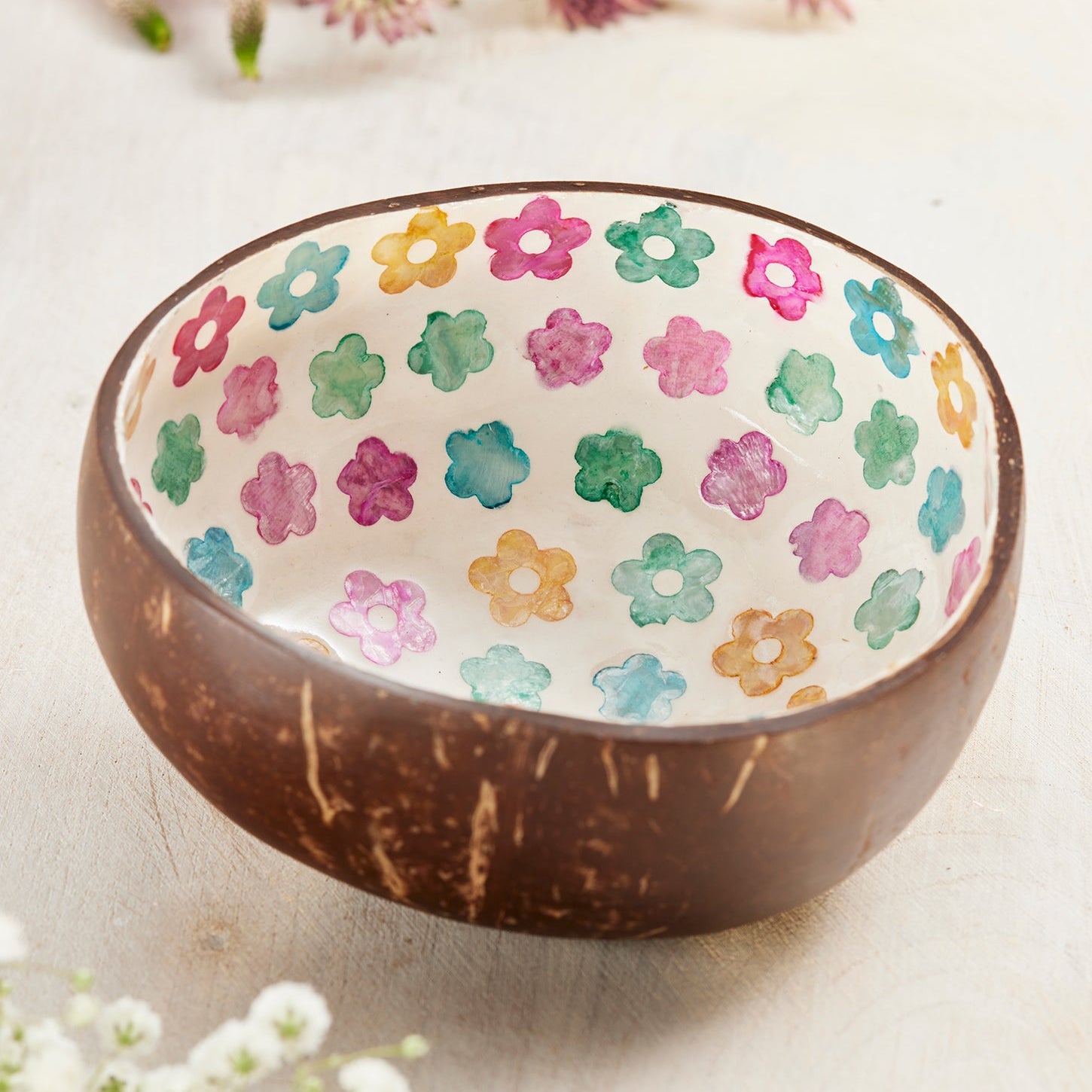 Rainbow Flower Pattern Coconut Shell Trinket Dish - BW12 - Uneeka