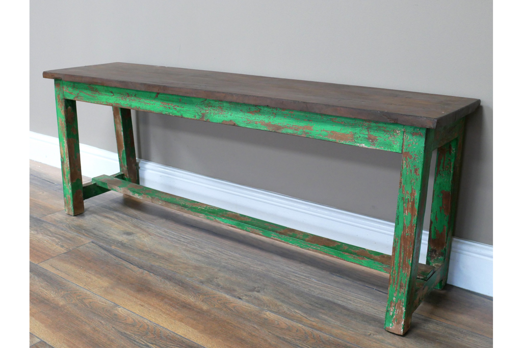 Reclaimed Small Wooden Green Bench side view