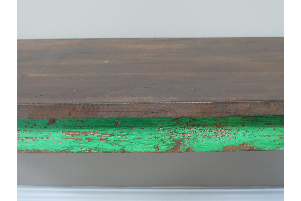 Reclaimed Small Wooden Green Bench close up paint detail