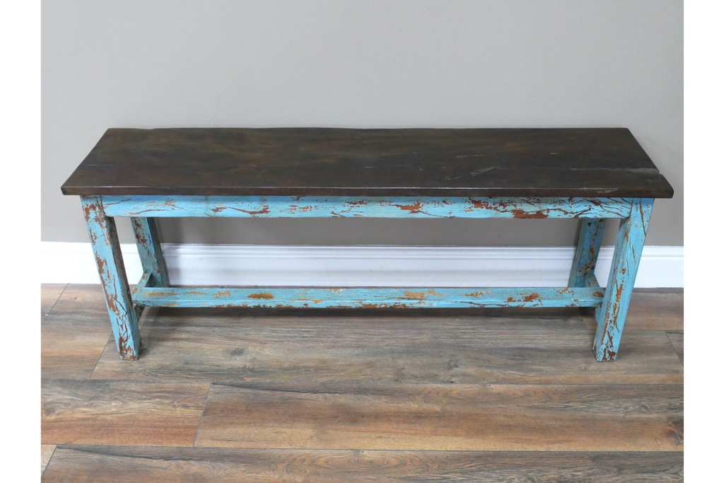 Reclaimed Small Wooden Painted Blue Shoe Bench front view
