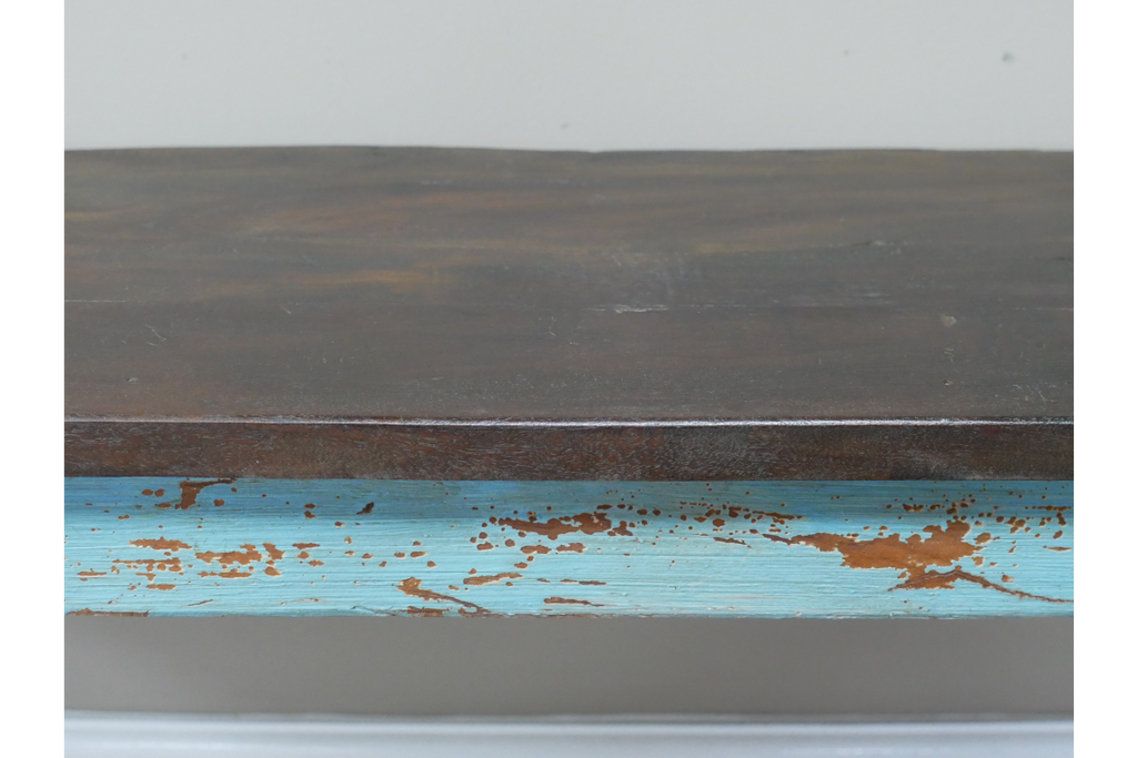 Reclaimed Small Wooden Painted Blue Shoe Bench close up paint detail